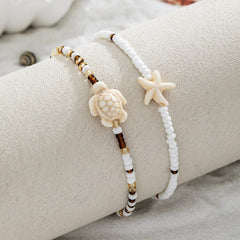 2PCS Star-shaped Turtle Beaded Anklet, Colorful Seed Beads Elastic Foot Chain, Adjustable Stretch Ankle Bracelet, Bohemian Beach Style Jewelry Set (Apricot)