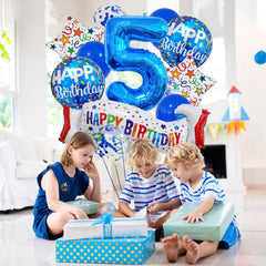 Happy 5th Birthday Balloon Colorful Banner Balloons Set 5th Year Old Birthday Blue Theme 5 Balloon Number 5 Foil Mylar Balloons Kids 5 Party Balloons Confetti Latex Mylar Balloons Party Supplies