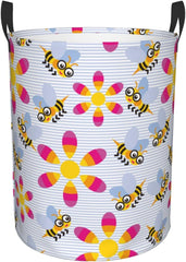 Cute Bee Flower Laundry Hamper Circular Laundry Basket Bin Dirty Clothes Bag Storage Basket Small