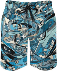 Men's Swim Trunks Blue Line Graphics Beach Shorts Quick Dry Summer Bathing Suit Swimwear Beachwear with Pockets