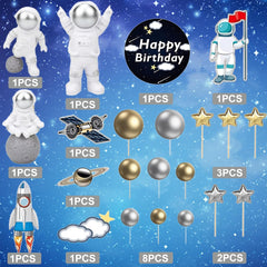 22 Pcs Space Cake Topper,Outer Space Cupcake Toppers Astronaut Figurine Birthday Themed Party Decorations Supplies Planet Rocket Pearl Balls and Star DIY Cake Toppers for Party