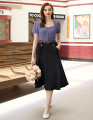 Belle Poque Women's Denim Skirts Vintage Elastic High Waist A-Line Long Maxi Jean Skirts with Pockets