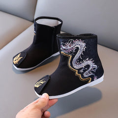 EnJoCho Little Boys Round Toe Boots Cotton Boots for Boys Cloth Shoes Children Embroidered Shoes Boys Hanfu Shoes 2-12Years