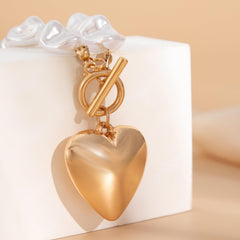 Pearl Heart Pendant Necklace for Women Chunky Statement Jewelry Adjustable Gift