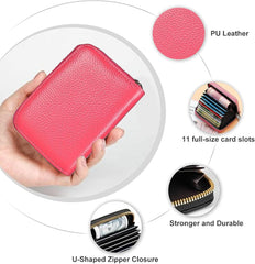 RFID Credit Card Holder Wallet with 9 Card Slots and 2 Cash Compartments, Compact Zipper Wallet for Men and Women, Leather RFID Blocking Card Organizer for Travel and Daily Use Red