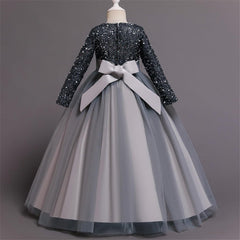 Girls Vintage Flower Lace 3/4 Sleeves Formal Wedding Party Dance Long Sleeves Party Dresses (Grey, 9-10 Years)