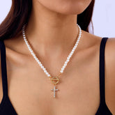 1PCS Pearl Cross Necklace, Exquisite Diamond-Encrusted Cross Design, Genuine Pearl Beads, Necklace for Women, Hypoallergenic Material, Adjustable Length, Elegant for Daily Wear and Special Occasions (White)