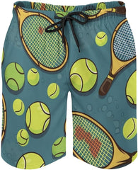 Men's Swim Trunks Funny Tennis Racquets and Tennis Balls Beach Shorts Quick Dry Summer Bathing Suit Swimwear