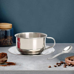 Stainless Steel Coffee Cup Set Milk Cup 200ml with Saucer Spoon Handle Portable Multi Purpose Coffee Mug for Restaurant, 3Pcs