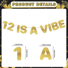 12 is a Vibe Banner Gold Glitter with Hanging Swirls, 12th Birthday Decorations for Girls Boys, 12 Year Old Girl Boy Birthday Decorations for Party Supplies Ideas Gifts