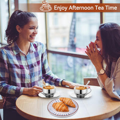 Stainless Steel 4oz Double Wall Espresso Cup with Saucer and Spoon, Cappuccino Coffee Latte Tea Mug