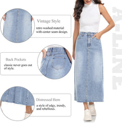 MISS MOLY Women's Jean Skirt Stretch High Waisted Frayed Raw Hem A Line Denim Midi Skirt with Pockets