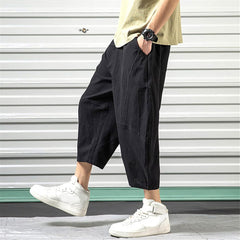XUETON Mens Harem Pants Casual Relaxed Fit Linen Cotton Elastic Waist Solid Color Loose Capri Beach Pants