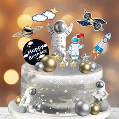 22 Pcs Space Cake Topper,Outer Space Cupcake Toppers Astronaut Figurine Birthday Themed Party Decorations Supplies Planet Rocket Pearl Balls and Star DIY Cake Toppers for Party