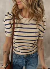 Dokotoo Women's Short Puff Sleeve Knit Tops 2025 Trendy Crewneck Striped T Shirts Casual Summer Blouses
