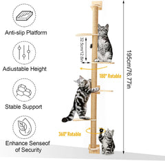 Cat Tree,Wall-Mounted Furniture,Tall Climbing Tower,Multi Tier Floor to Ceiling Post,Adjustable Wooden Frame with Scratching Platform for Indoor Pets