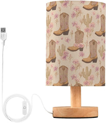 Boho Cowboy Boots Cactus Bedside Table Lamp Small Desk Lamps Linen Fabric Shade Decorative Nightstand Lamp LED with USB Port Wood Base for Bedroom Living Room