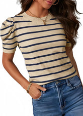 Dokotoo Women's Short Puff Sleeve Knit Tops 2025 Trendy Crewneck Striped T Shirts Casual Summer Blouses