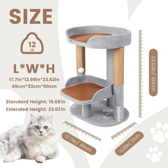 23.6" - Cat Tree with Sisal Scratching Post, Summer Cooling Bamboo Mat and Adjustable Height, for Cats up to 22 lbs, Comfortable Perch Tower, Toys, Gray