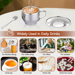Stainless Steel 4oz Double Wall Espresso Cup with Saucer and Spoon, Cappuccino Coffee Latte Tea Mug