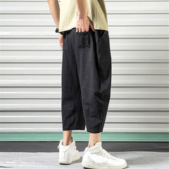 XUETON Mens Harem Pants Casual Relaxed Fit Linen Cotton Elastic Waist Solid Color Loose Capri Beach Pants