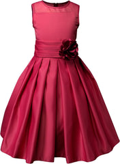 Spring Notion Big Girls Sheer Neckline Satin Tea Length Flower Girl Dress