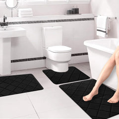 Foam Bath Mat Set Black Bathroom Rug Set 3 Piece Nonslip Toilet Rugs U Shaped Bathroom Rugs Sets Soft Rugs for Bathrooms Toilet Mats for Bathrooms Water Absorption Thick Machine Washable