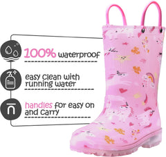 K KomForme Toddler Light Up Rain Boots for Girls Boys Waterproof Rain Boots with Handles Outdoors