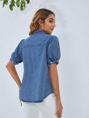 BMJL Womens Denim Shirt Business Casual Button Down Work Blouses Puff Sleeve Summer Tops
