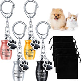 Batiyeer 4 Pcs Pet Ashes Keepsake Keychain for Dog Urns Keychain Stainless Steel Small Pet Urns for Dogs Cats Ashes with 4 Black Velvet Storage Bags, Paw Charm Keepsake Memorial