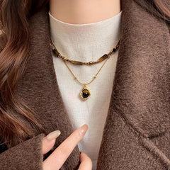 Retro Temperament Layered Tiger Eye Stone Pendant Necklace For Women Stainless steel Double-Layer Collarbone Chain Sets Jewelry Attractive design