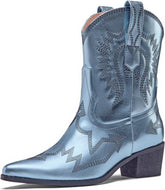 Cowboy Boots for Women Embroidered Metallic Ankle Western Cowgirl Boots Pointed Toe Chunky Heel