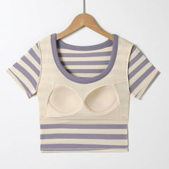 Girls Striped T Shirts Kids Short Sleeve Slim Fitted Knit Tops 2025 Summer Trendy Comfy Crew Neck Tees