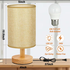 Desk Lamp LED Bulb Included, Small Bedside Table Lamp Plug-in - Classic Wood Base with Flaxen Fabric Shade, Lamps for Night Stands, Simple Nightstand Light for Bedroom, Office, Desk