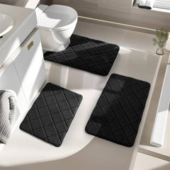 Foam Bath Mat Set Black Bathroom Rug Set 3 Piece Nonslip Toilet Rugs U Shaped Bathroom Rugs Sets Soft Rugs for Bathrooms Toilet Mats for Bathrooms Water Absorption Thick Machine Washable