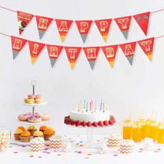 2pcs Race Car Happy Birthday Banner, Pre-Strung Racing Themed Party Garland Decorations, Checkered Triangle Flag Pennant Sign for Boys Kids Birthday Party Supplies