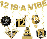 12 is a Vibe Banner Gold Glitter with Hanging Swirls, 12th Birthday Decorations for Girls Boys, 12 Year Old Girl Boy Birthday Decorations for Party Supplies Ideas Gifts