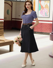 Belle Poque Women's Denim Skirts Vintage Elastic High Waist A-Line Long Maxi Jean Skirts with Pockets