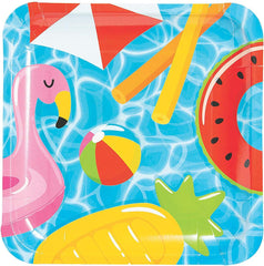 Fun Express Summer Square Paper Dinner Plates - Theme Kid Summer Beach- Dessert Plates for Hawaiian Beach - Decorations Tableware Supplies - 8 Pieces - Multicolor