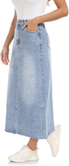 MISS MOLY Women's Jean Skirt Stretch High Waisted Frayed Raw Hem A Line Denim Midi Skirt with Pockets