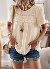Womens Summer Tops Crewneck Short Sleeve Shirts Casual Chiffon Blouses Flowy Lace Hem Boho Clothing Trendy 2025