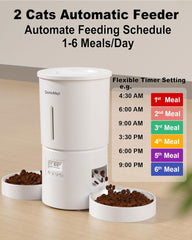 Automatic Dual Cats Feeder for 2 Cats,6 Meals/Day,12 Portions/Meal,Dual Power Auto Pet Feeder Dry Food Dispenser,Flexible Schedule Timer 10S Voice Record (White, ABS Dual Bowls)