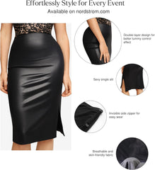 Popilush Shapewear Faux Leather Skirts with Built in Shapewear Tummy Control High Waist Midi Skirt with Shaper for Women