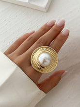 1pc Vintage Multi-Element Metal Spiral Waterdrop Adjustable Ring Faux Pearl Inlaid Jewelry for Women