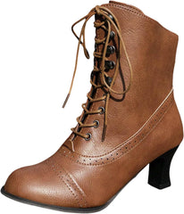 Victorian Boots for Women 70s Vintage Lace Up Mid Calf Boots Halloween Almond Toe Comfortable Chunky Block Heels Womens Dressy Fall Winter Cone Low Heel Cosplay Witch Booties Costume Shoes