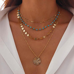 Turquoise Beaded Boho Necklace for Women Western Layered Choker with Coin Detail Jewelry