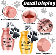 Batiyeer 4 Pcs Pet Ashes Keepsake Keychain for Dog Urns Keychain Stainless Steel Small Pet Urns for Dogs Cats Ashes with 4 Black Velvet Storage Bags, Paw Charm Keepsake Memorial