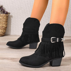 Women's Suede Western Ankle Boots with Fringe & Buckle – Slip-On Chunky Heel Round-Toe Riding Boots for Spring/Autumn, Non-Waterproof Lift Design