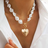 Pearl Heart Pendant Necklace for Women Chunky Statement Jewelry Adjustable Gift