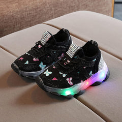 Boys Girls LED Sneakers Children Butterfly Print Lacing Breathable Soft Shoes Light Luminous Sport Shoes